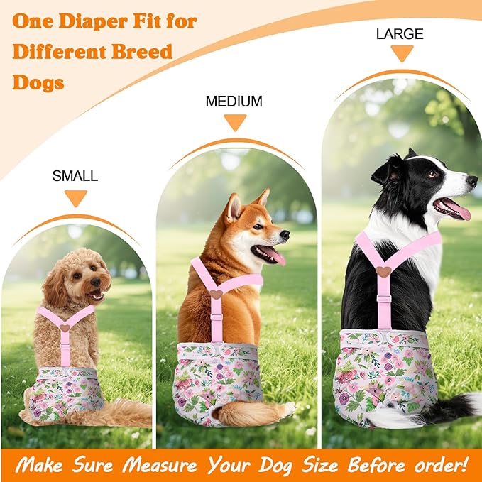 3 Pack Washable Female Dog Diaper with Suspender,Reusable Fixed Doggie Diapers Super Absorbent Leakproof for Small Medium Large Dog in Heat Cycle-L