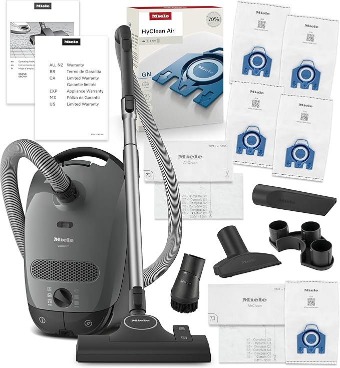 Miele Classic C1 Pure Suction Canister Vacuum Cleaner with AllTeQ Universal Floorhead Bundle - Includes GN Bag Pack - 4 HyClean Air Genuine FilterBags + Genuine AirClean Filter and Pre-Motor Filter