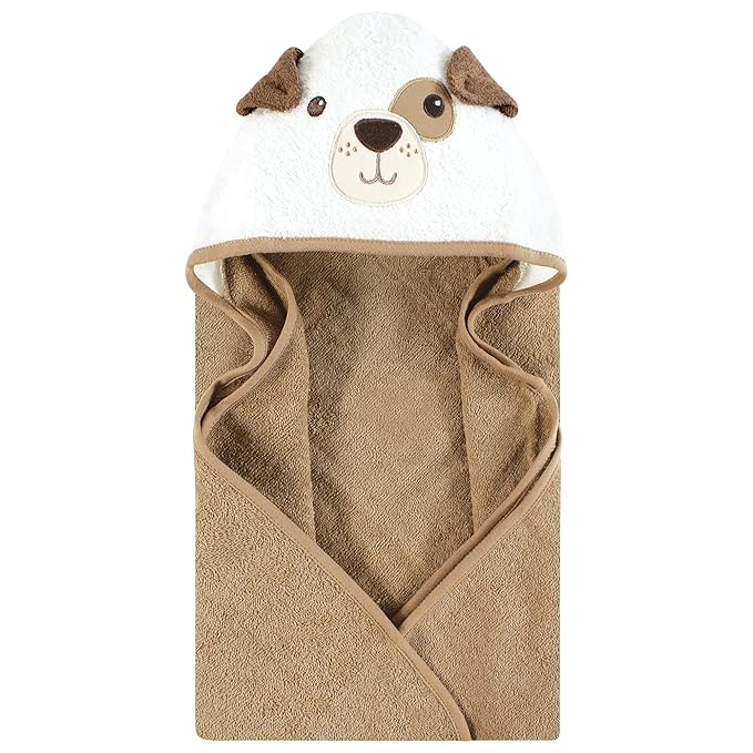 Hudson Baby Unisex Baby Cotton Animal Face Hooded Towel, Brown Gingham Puppy, One Size