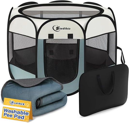 Medium Dog Cat Playpen, Puppy Pet Playpen Indoor for Dog Crate Tent Cage Outdoor, Portable Pop Up Dogs Enclosure Kennel with Carrying Case for Dogs/Cats/Rabbits (Grey with Pad, Medium)