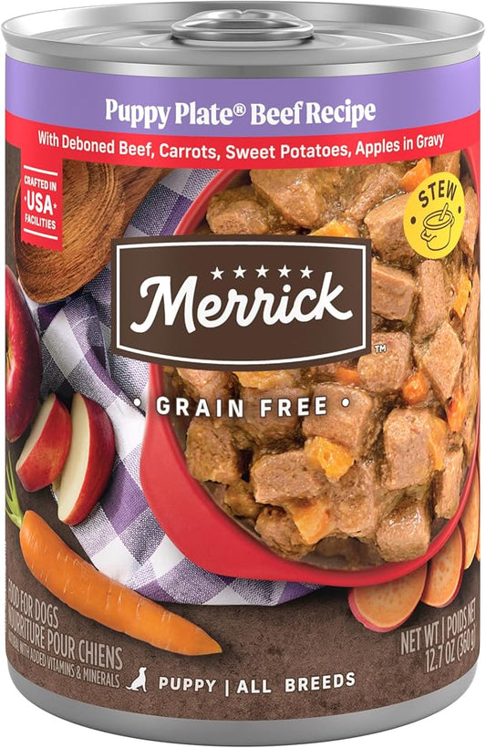 Merrick Puppy Plate Grain Free Wet Puppy Food with Real Deboned Beef, Carrots, Sweet Potatoes and Apples in Gravy, 12.7 oz. Can