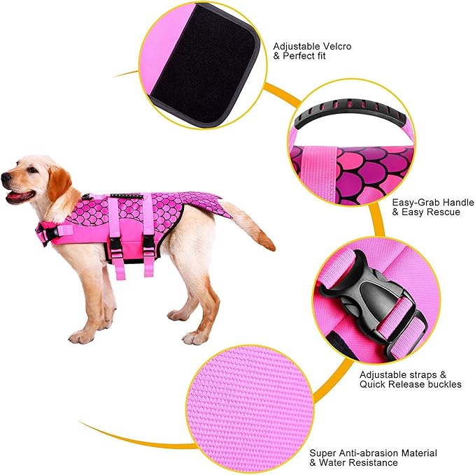 Queenmore Dog Life Jacket Ripstop Shark Dog Safety Vest Adjustable Preserver with High Buoyancy and Durable Rescue Handle for Small,Medium,Large Dogs, Pink Fish Medium