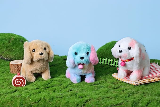 Hopearl Walking Dog with Bell Interactive Electronic Pet Plush Toy Puppy Woof and Moving Animated Nodding Head Gifts for Toddlers Birthday, Rainbow, 7''