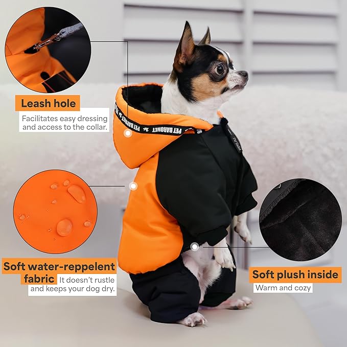Waterproof Full Body Winter Jacket for Dogs, Dogs Snowsuit, Perfect for Cold Weather, Ideal for Small and Medium Breeds (Orange, L:Chest 16.9'', Length: 12.6'')