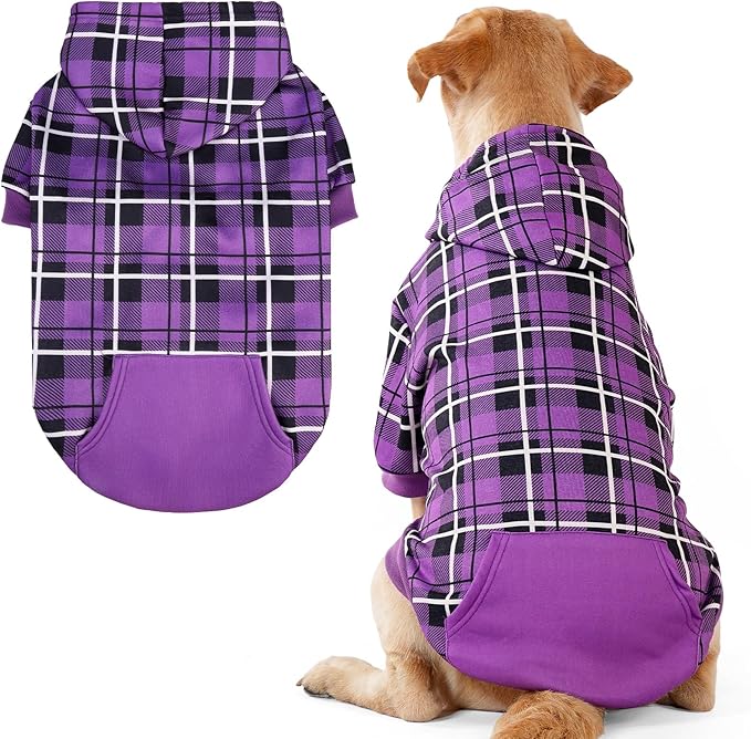 EXPAWLORER Plaid Dog Hoodie - British Style Warm Dog Sweater Shirt with Leash Hole,Pitbull Clothes Outfits,Winter Coat Apparel for All Breeds Puppy Girl Boy-Cat Apparel,Purple Large