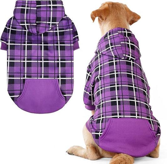 EXPAWLORER Plaid Dog Hoodie - British Style Warm Dog Sweater Shirt with Leash Hole,Pitbull Clothes Outfits,Winter Coat Apparel for All Breeds Puppy Girl Boy-Cat Apparel,Purple Large