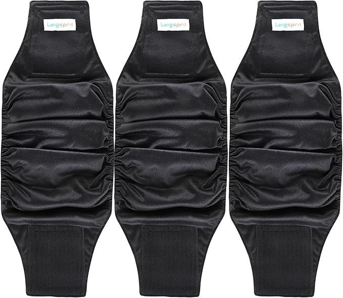 Langsprit Male Belly Bands for Dogs (Pack of 3) - High Absorbing Dog Wraps Male Washable - Reusable Dog Diapers (Black, Small)