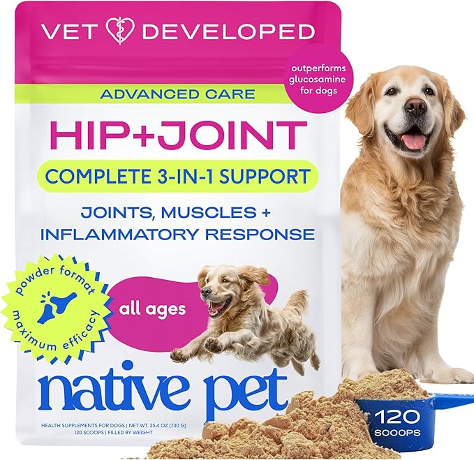 Native Pet Hip & Joint Advanced Care Dog Joint Supplement Powder for Mobility & Movement Support, Joint Supplement for Dogs with HMB, UC-II Collagen, Green Lipped Mussel & Hyaluronic Acid-120 Scoops