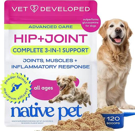 Native Pet Hip & Joint Advanced Care Dog Joint Supplement Powder for Mobility & Movement Support, Joint Supplement for Dogs with HMB, UC-II Collagen, Green Lipped Mussel & Hyaluronic Acid-120 Scoops