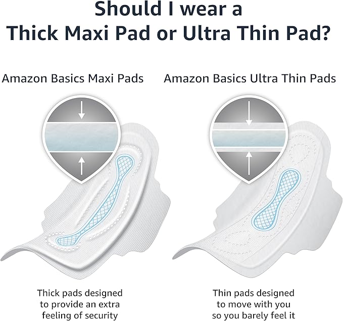 Amazon Basics Thick Maxi Pads with Wings for Periods, Regular Absorbency, Feminine Pads, Unscented, Size 1, 144 Count