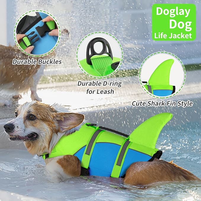 Doglay Shark Ripstop Dog Vests for Swimming Boating with High Buoyancy and Rescue Handle, Adjustable Dog Life Jacket Pet Flotation Vest for Small Medium Large Dogs