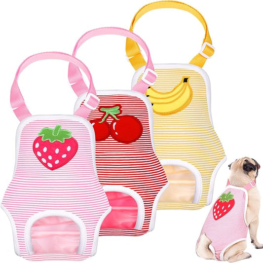 Nuanchu 3 Pcs Female Dog Diaper Sanitary Panties with Adjustable Suspender, Washable Reusable Doggie Diapers for Small Medium Large Dog in Heat Period Menstrual Pet Cats Ducks(Fruit Pattern,L)