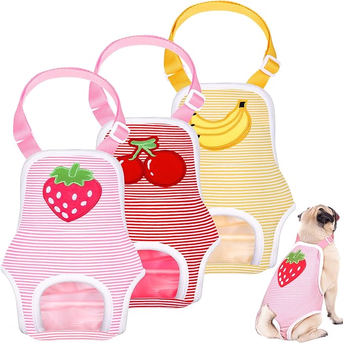 Nuanchu 3 Pcs Female Dog Diaper Sanitary Panties with Adjustable Suspender, Washable Reusable Doggie Diapers for Small Medium Large Dog in Heat Period Menstrual Pet Cats Ducks(Fruit Pattern,M)