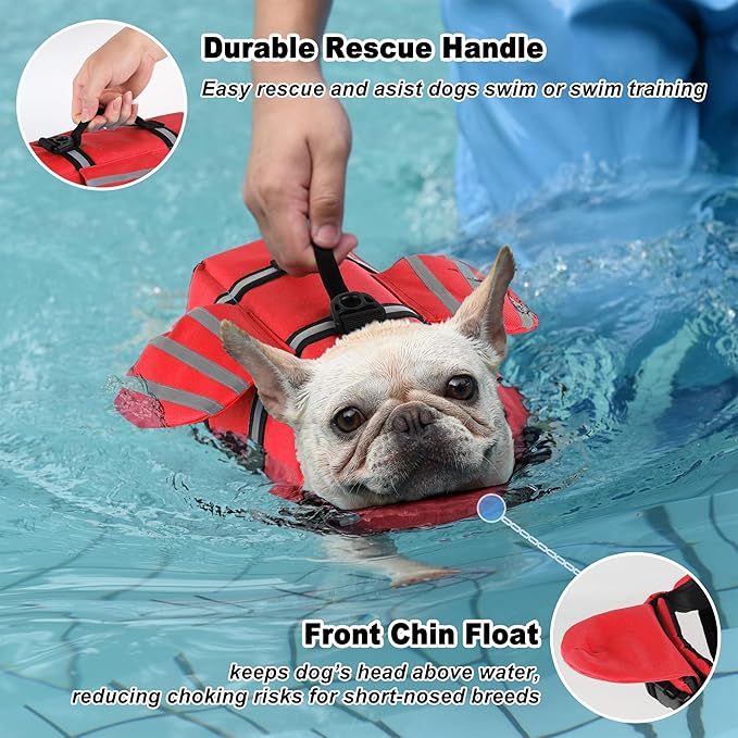 Dog Life Jacket, Cute Wings Adjustable Dog Life Vest with Chin Float and Handle for Swimming Boating Reflective High Buoyancy Swim Float Vest for Small Medium Large Dogs (Red, M)