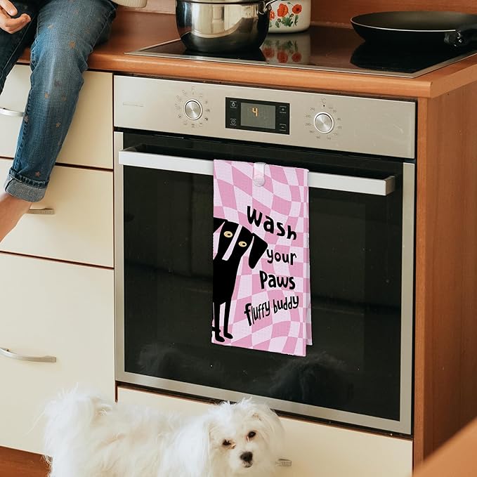 Pink Cute Dog Bathroom Kitchen Towels, Wash Your Paws Hand Towel for Bathroom, Funny Puppy Gifts for Dog Lovers, Trendy Preppy Checkered Dish Towels Decor for Dorm Girly Room 16x24in