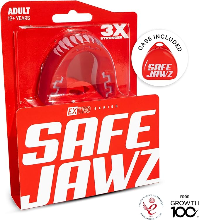 SAFEJAWZ Mouth Guard, Dual Layer Mouthguard for Adults with Case, Easy Fit Remoldable Mouthpiece for Football, Boxing, Lacrosse, MMA, Basketball & All Contact Sports (Adult 12+ Years, Viper Red)