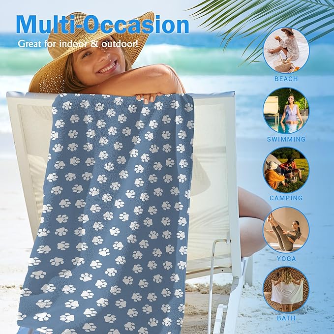 Blue Paws Dog Pet Beach Towel Gifts for Women Dog Lovers Owner, Funny Cute Quick Dry Travel Sand Free Beach Towels Oversized Decor for Bathroom Swimming Pool 30x60in
