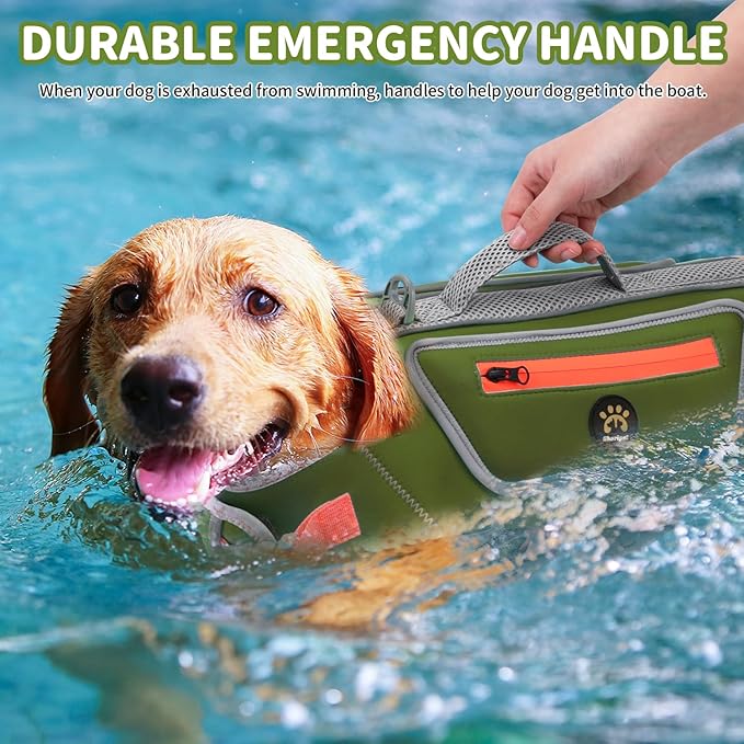 Dog Life Jacket for Small Dogs with High Buoyancy, Lightweight Dog LifeVest for Swimming Adjustable Reflective Dogs Floating Vest, Neoprene Rescue Handle Pet Life Preserver, Dark Green, XS