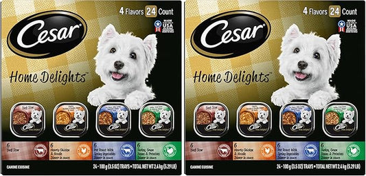Cesar Home Delights Adult Wet Dog Food,Pot Roast with Spring Vegetables,Beef Stew,Turkey,Green Beans,& Potatoes,and Hearty Chicken & Noodle Dinner in Sauce Variety Pack,3.5 oz.,24 Count (Pack of 2)