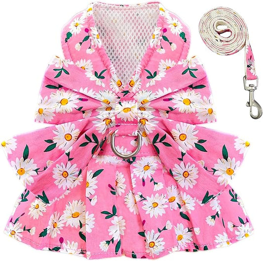 BAEJMJK Dog Dress Bowknot Harness Leash Set for Small Dogs Cats Daisy Floral Girl Dog Dresses Cute Puppy Princess Clothes Pet Doggy Outfits Spring Summer Breathable Dresses(Pink,Medium)