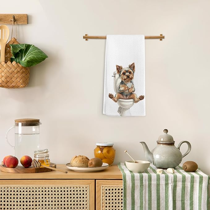 Funny Yorkshire Terrier Gifts Hand Towels, Yorkie Bathroom Decor, Yorkie Gifts for Women, Funny Yorkies Dog Dish Tea Towels, Yorkshire Terrier Hand Towel for Toilet Kitchen Decor, 16x24 Inch