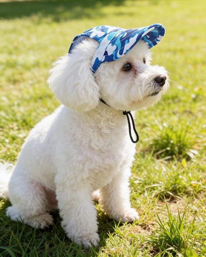 PET SHOW Dog Baseball Cap Camouflage Dog Visors for Small Doggy Cats Summer Waterproof Pet Sun Hats with Ear Holes Adjustable Drawstring Boy Puppy Hat -Blue/XXS