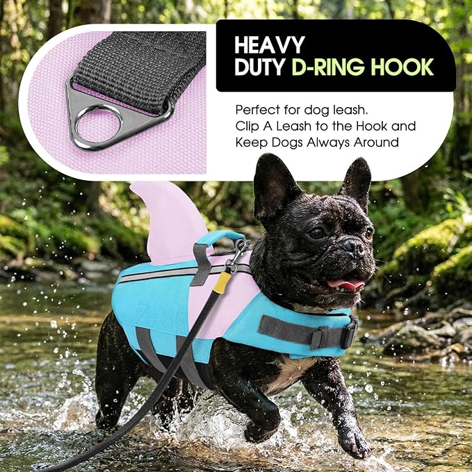 SUNFURA Dog Life Jacket Shark Life Vest for Dogs, Adjustable Swmming Vest with High Buoyancy, Safety Lifesaver with Rescue Handle for French Bulldog Small Medium Breeds, BluePink M