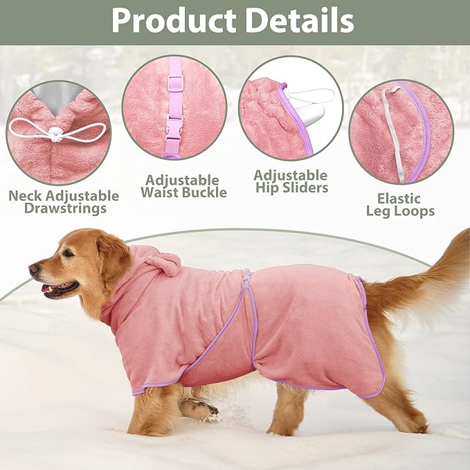 Dog Bathrobe Super Absorbent Towel Robe - Microfiber Bath Towels Fast Drying Coat for Dogs, Cute Dogs Clothes Adjustable Collar & Belly Strap Warm Keeping Hooded Dog Towel (Pink, X-Large)