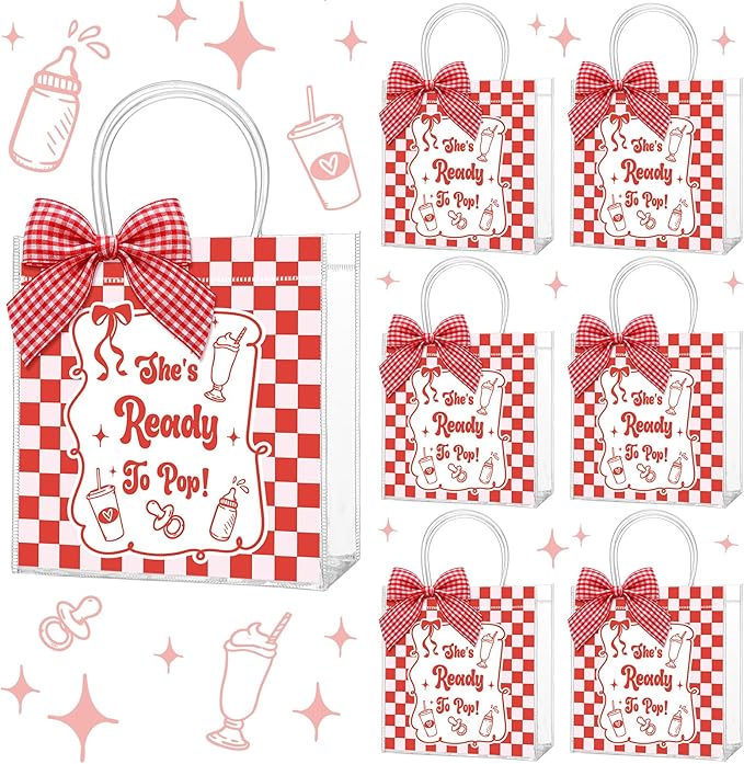 SilTriangle 24 Pcs She's Ready to Pop Baby Shower PVC Gift Bags with Handles Plastic Gift Bags Reusable Coquette Red Gingham Ribbon Tote Bulk Red Soda Gender Reveal Baby Shower Party Decorations