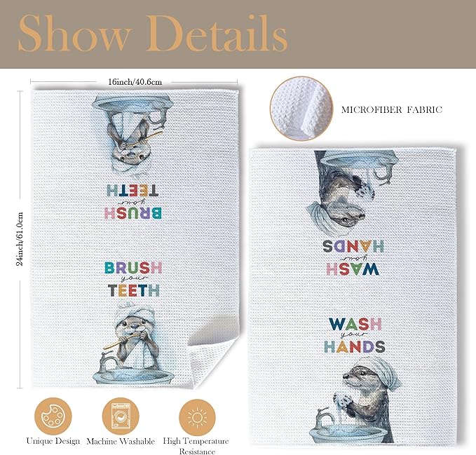 Sea Otter Bathroom Decor Hand Towels, Kids Bathroom Decor, Brush Your Teeth Wash Your Hands Funny Kids Hand Towels for Bath Room Washroom, 16x24 Inch Set of 2