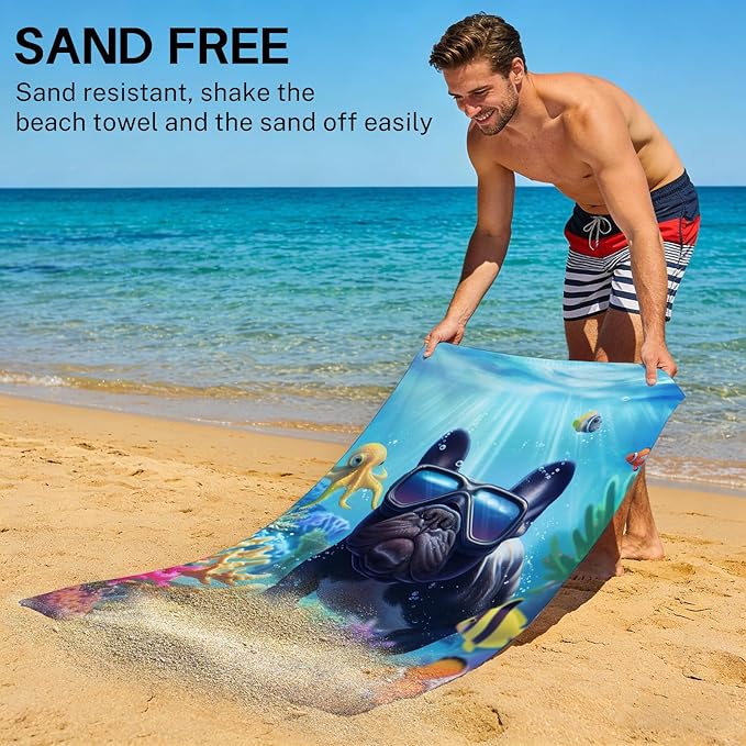 Microfiber Dog Bath Towel, Funny French Bulldog Diving with Ocean Animal Beach Towels for Kids Adults, Quick Dry Absorbent Sand Proof Towels for Swim Pool Surf Travel, Oversized 32x52