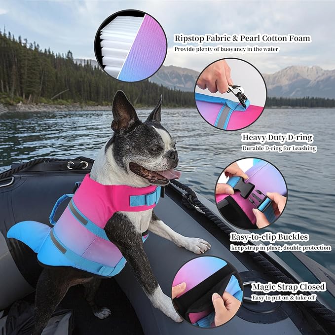 Dogcheer Dog Life Jacket, Cute Shark Dog Life Vest for Swimming Boating with Superior Buoyancy and Rescue Handle, Adjustable Puppy Swim Vest for Small Medium Large Dogs - Gradient Red Blue, M