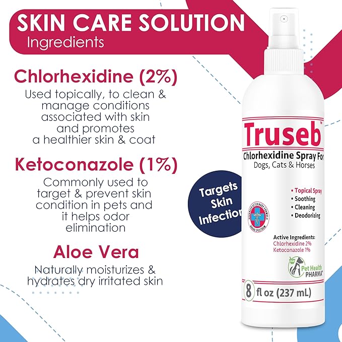 Truseb Medicated Chlorhexidine for Dogs Cats Horses Skin Spray with Aloe Vera - Medicated Ketoconazole Spray for Skin Irritation, Hot Spots, Redness Relief (8 oz)