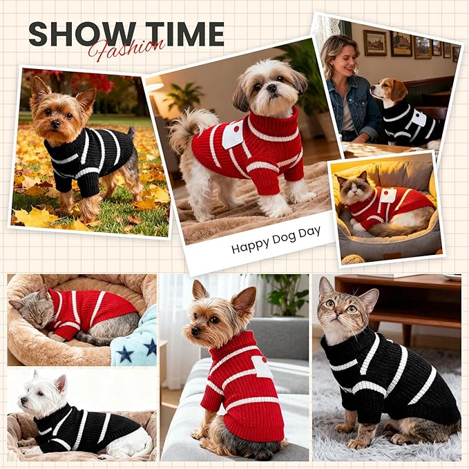 XS Dog Sweater with Cute Pocket, Striped Soft Stretchable Warm Puppy Clothes for Small Dogs Cats, French Bulldog, Chihuahua for Winter(red,X-Small)
