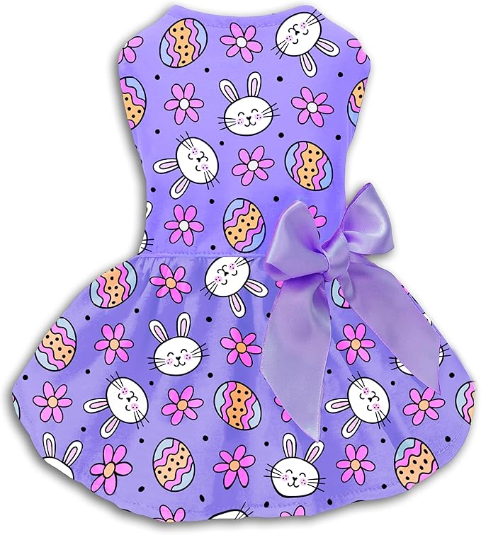 Easter Dog Dress Purple Bunny & Egg Pattern, Cute Spring Girl Puppy Skirt with Satin Bow, Soft Breathable Pet Clothes for Small Medium Dogs & Cats, Holiday Party Outfit Apparel