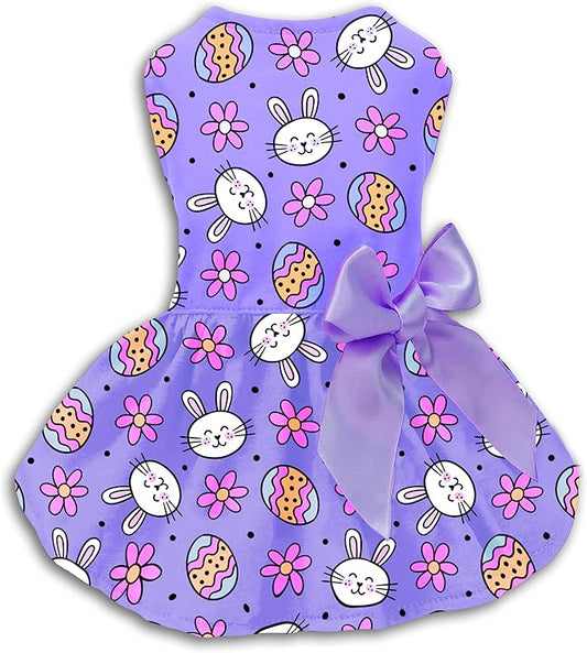 Easter Dog Dress with Bunny and Egg Print Cute Pet Skirt for Small Dogs, Easter Outfit for Girl Dogs, Spring Holiday Puppy Clothes, Adjustable and Comfortable