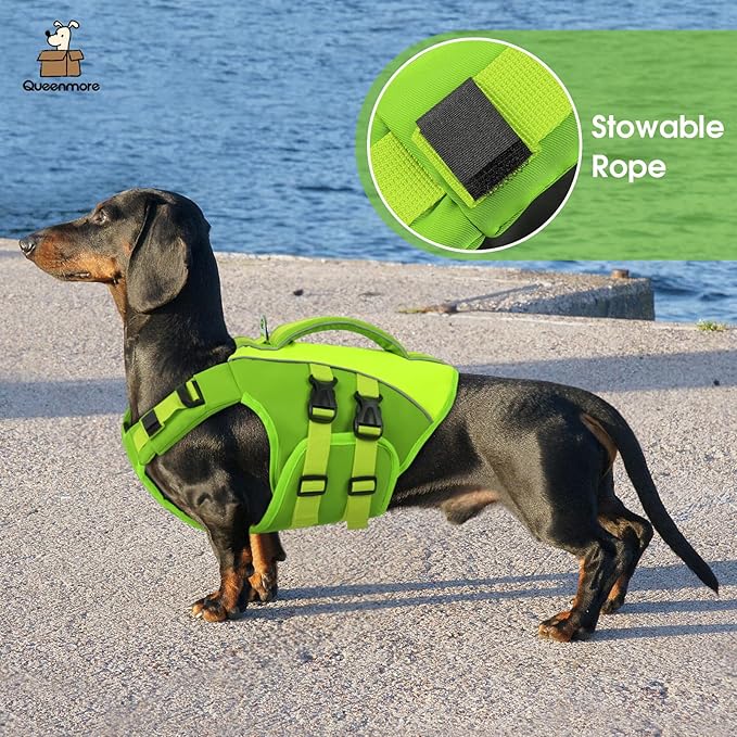 Queenmore Green X-Large Dog Life Jacket, Adjustable Reflective Dog Swimming Vest, Superior Buoyancy, High Floating Pet Life Vest for Swimming