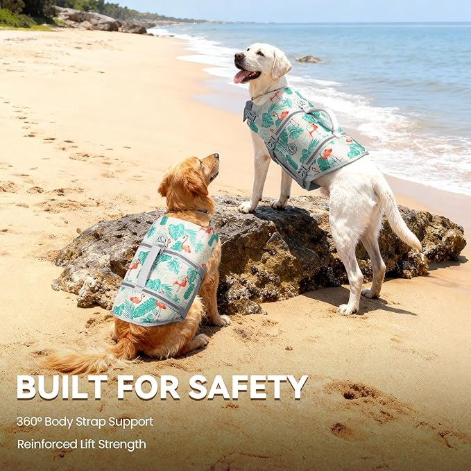 VIVAGLORY Rip Stop Dog Life Vest, Swimming Vest with Handle, Buoyancy for Doggy Puppy, Dog Life Jacket for Swimming & Boating, S, Leaves Blue