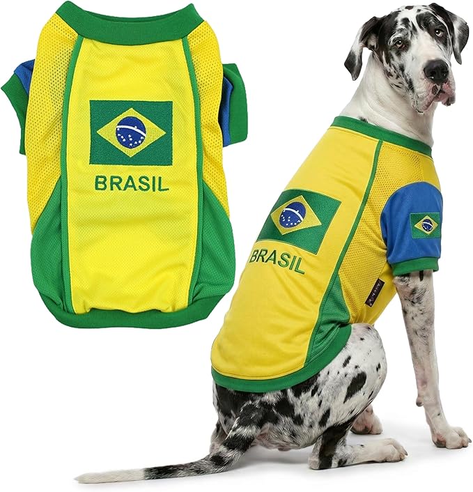 Parisian Pet Team Brazil Dog Jersey - Breathable Mesh Puppy Football Jersey - Lightweight Stretch Sporty Dog Clothes - Summer Shirts for Large Dogs - Soccer Jersey for Dogs - Sportswear Pet Clothes