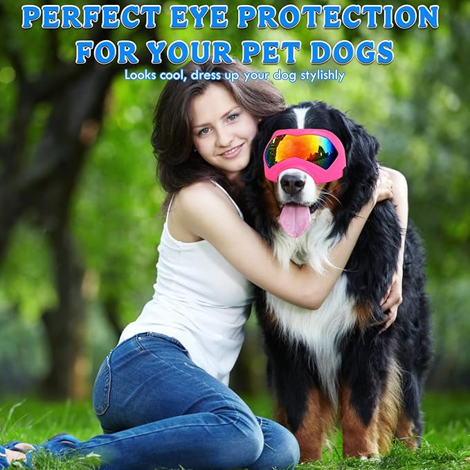 Large Dog Sunglasses Dog Goggles Pet Glasses Pet Eyewear with Adjustable Strap, Glasses for Medium Large Dog Swimming Skating Glasses Windproof Dustproof UV Proof (Pink-Colorful)