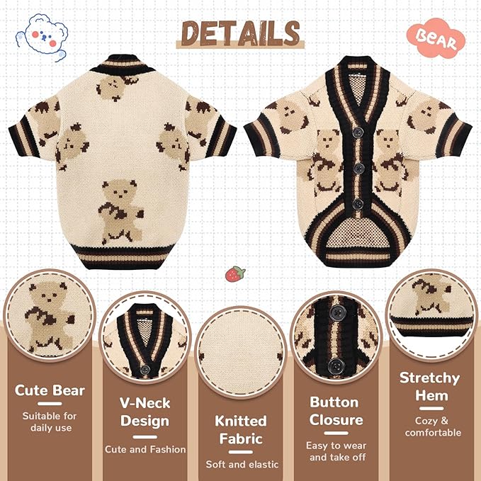 Small Dog Sweaters Cute Bear Dog Cardigans Clothes for Small Medium Dogs Boy Girl Puppy Cat Knitting Cardigan Outfits Dogs Winter Coats Warm Pet Doggy Clothes Soft Knitwear (Beige, Small)