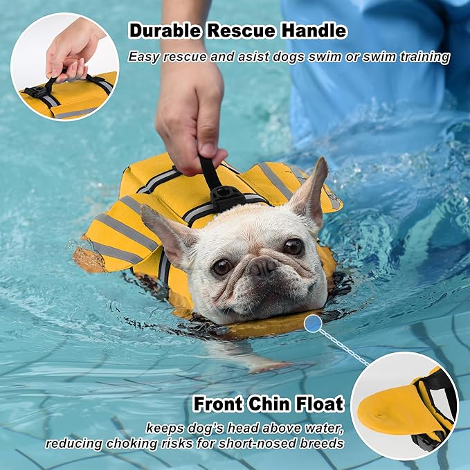 Dog Life Jacket, Cute Wings Adjustable Dog Life Vest with Chin Float and Handle for Swimming Boating Reflective High Buoyancy Swim Float Vest for Small Medium Large Dogs (Yellow, XL)