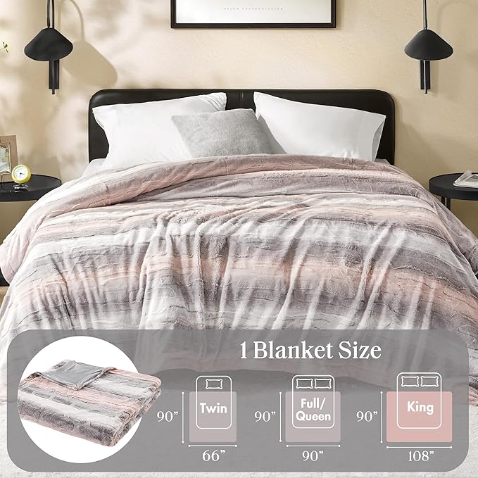 Madison Park Ultra-Soft Poly Fur, Reversible Plush, All Season & Lightweight Fuzzy Blanket for Bed, Couch & Sofa, Zuri, King/Cal King Blush/Grey