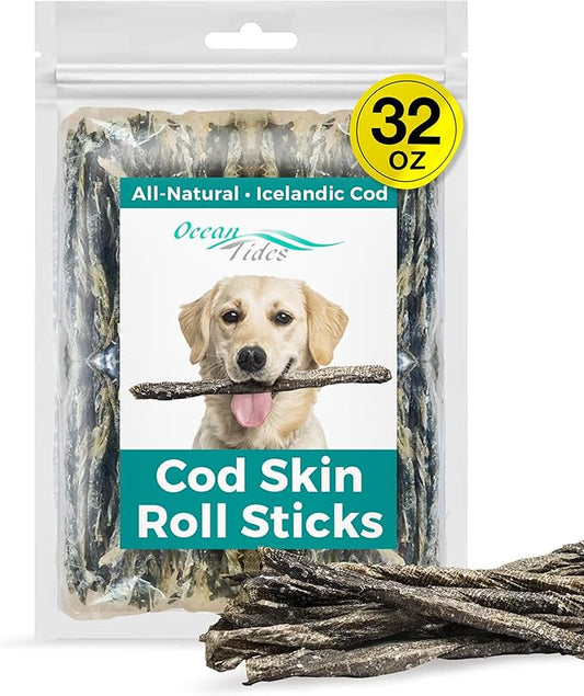 Ocean Tides Cod Skins for Dogs and Cats 32 Oz - Icelandic Atlantic Fish Skin Treats, Dried Lean Crunch Sticks Chews, Single Ingredient Healthy Treat for Dogs, Crunch Fish Sticks for Puppies and Cats