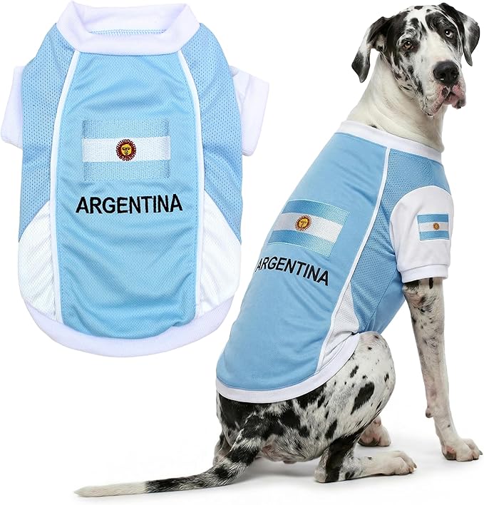 Parisian Pet Team Argentina Dog Jersey - Breathable Mesh Puppy Football Jersey - Lightweight Stretch Sporty Dog Clothes - Summer Shirts for Large Dogs - Soccer Jersey for Dogs - Sportswear Pet Clothes