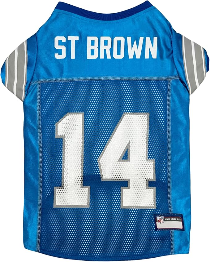 Pets First NFLPA Amon-RA ST Brown Jersey #14, NFL Dog Shirt, Detroit Lions Mesh Jersey, Size X-Small