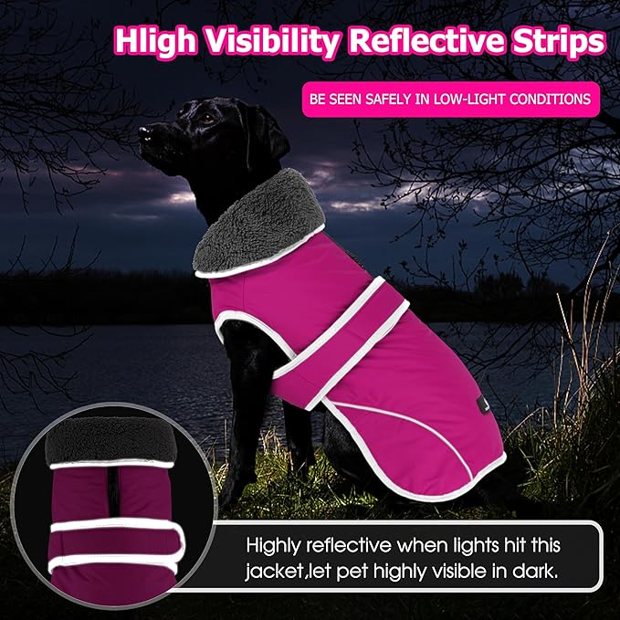 Dogcheer Dog Coat, Waterproof Dog Jacket Reflective Pet Winter Coat with Adjustable Hook & Loop, Christmas Puppy Fleece Jacket Warm Turtleneck Snowsuit for Small Medium Large Dogs - Pink, S