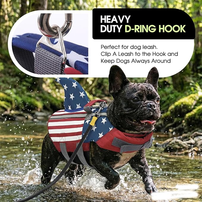 SUNFURA Dog Life Jacket Shark Life Vest for Dogs, Adjustable Swmming Vest with High Buoyancy, Safety Lifesaver with Rescue Handle for French Bulldog Small Medium Breeds, USA Flag S