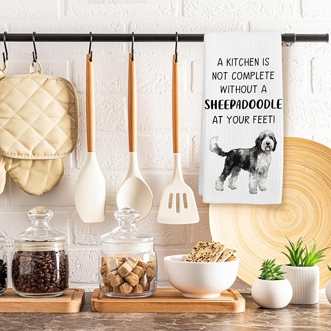 Sheepadoodle Gifts Dog Kitchen Towels, Gifts for Sheepadoodles Lovers Women Hand Towel, A Sheepadoodle at Your Feet Decorative Tea Dish Towels for Kitchens, Dog Owners Kitchen Decor, 16x24in