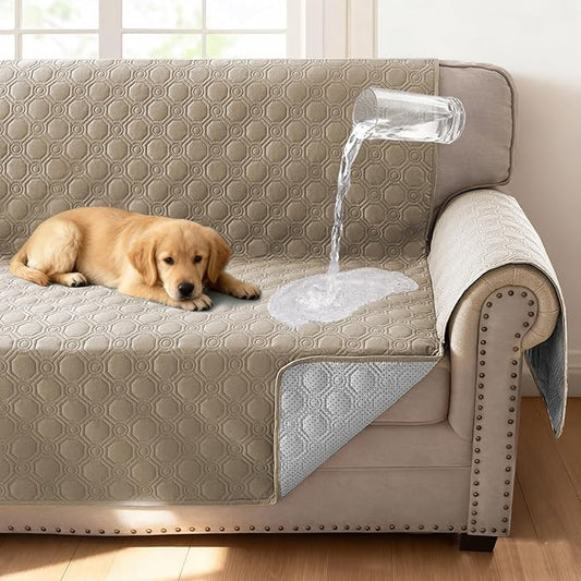 H.VERSAILTEX 100% Waterproof Couch Cover for Dogs Washable Triple Non-Slip Armchair Slipcover Thick Durable Sofa Protector with Storage Pocket (Chair, Taupe)